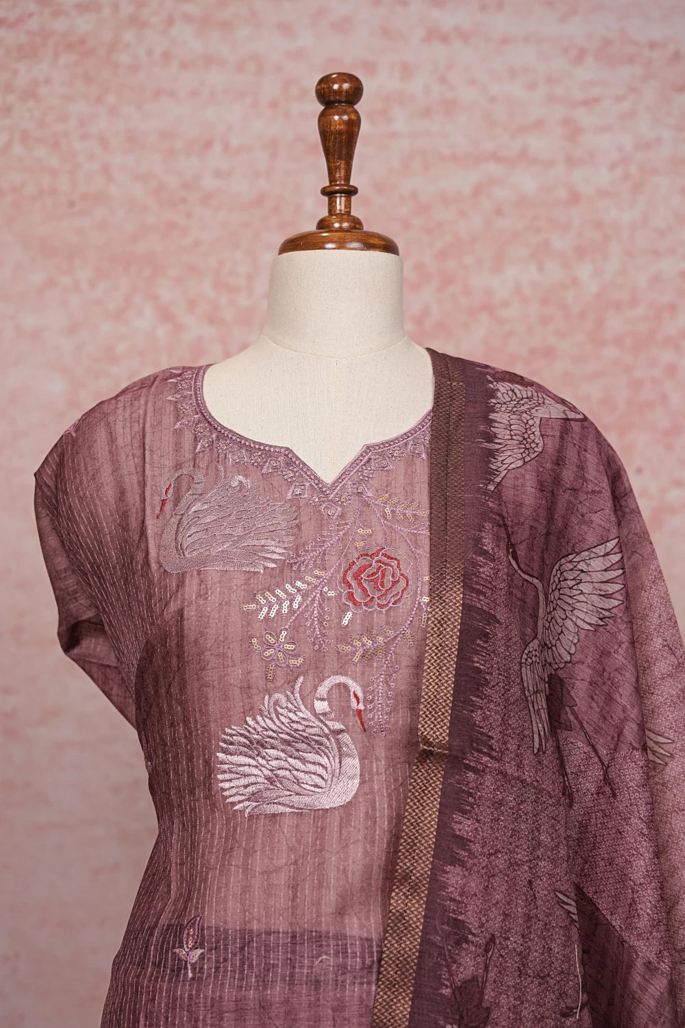 Onion Color Chanderi Silk Embroidery Work Unstitched Churidhar Material