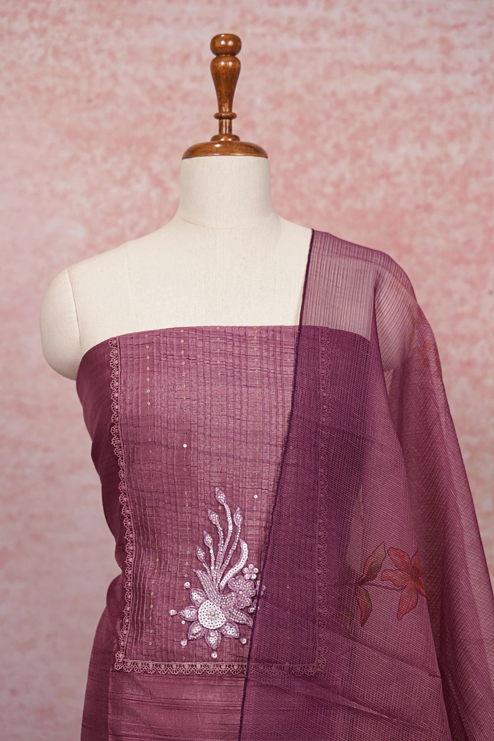 Onion Color Semi Silk Stone Work Un Stitched Churidhar Material - Seematti