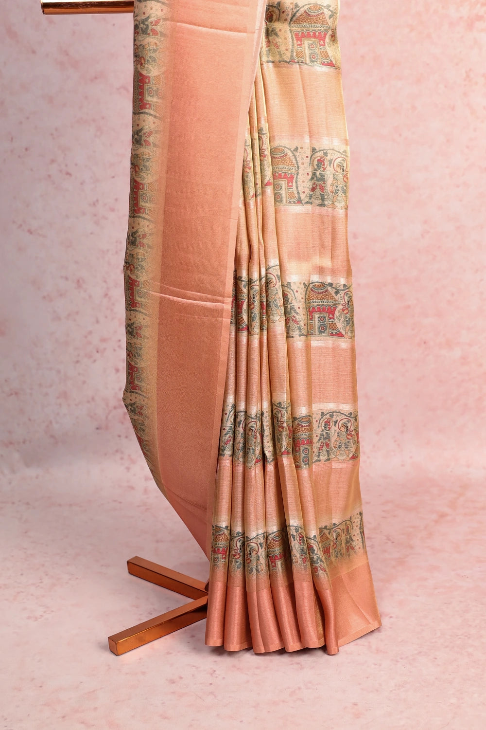 Onion Color Tissue Jute Printed With Plain Border - Seematti