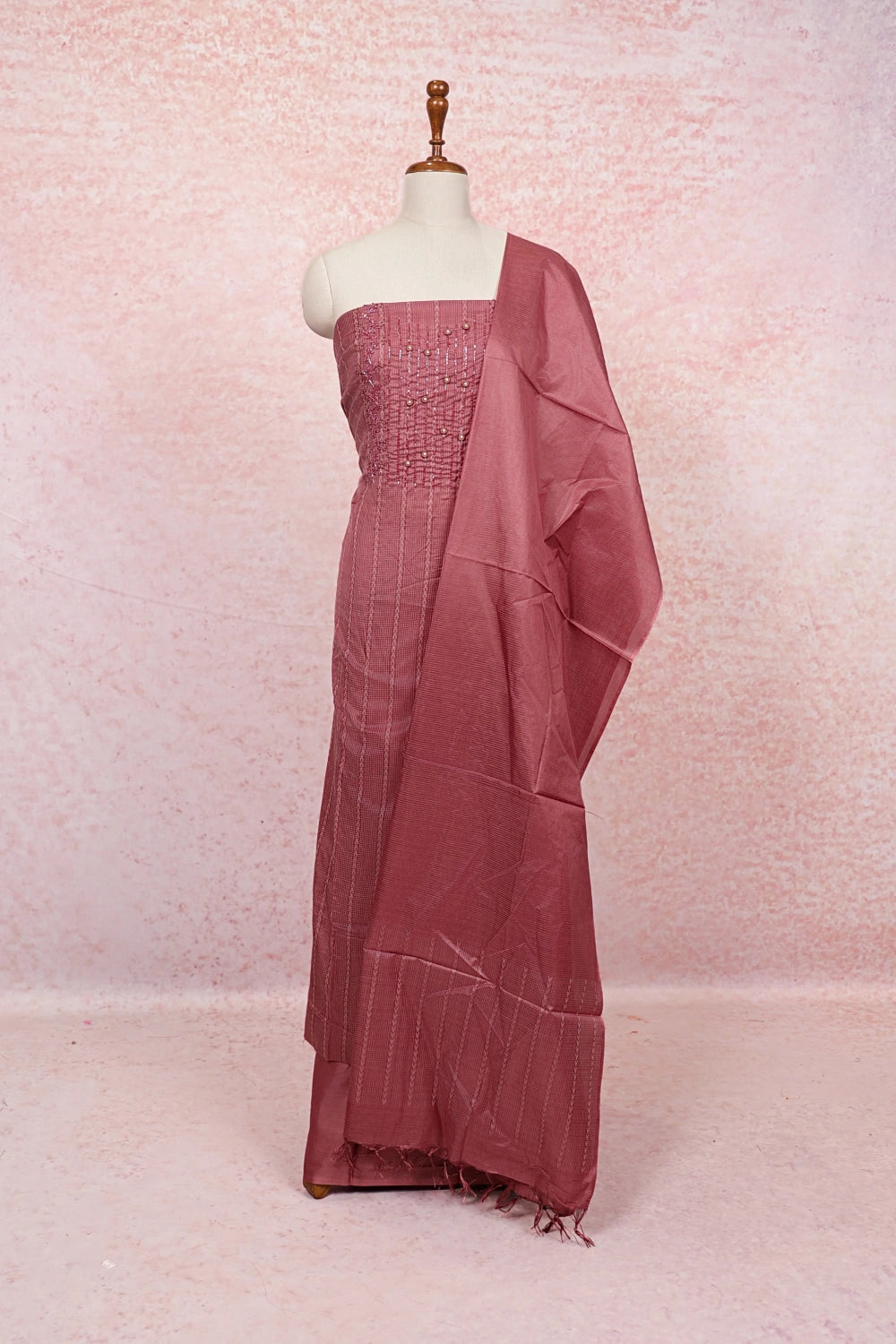 Onion Colour Tussar Hand Work Unstitched Churidhar Material