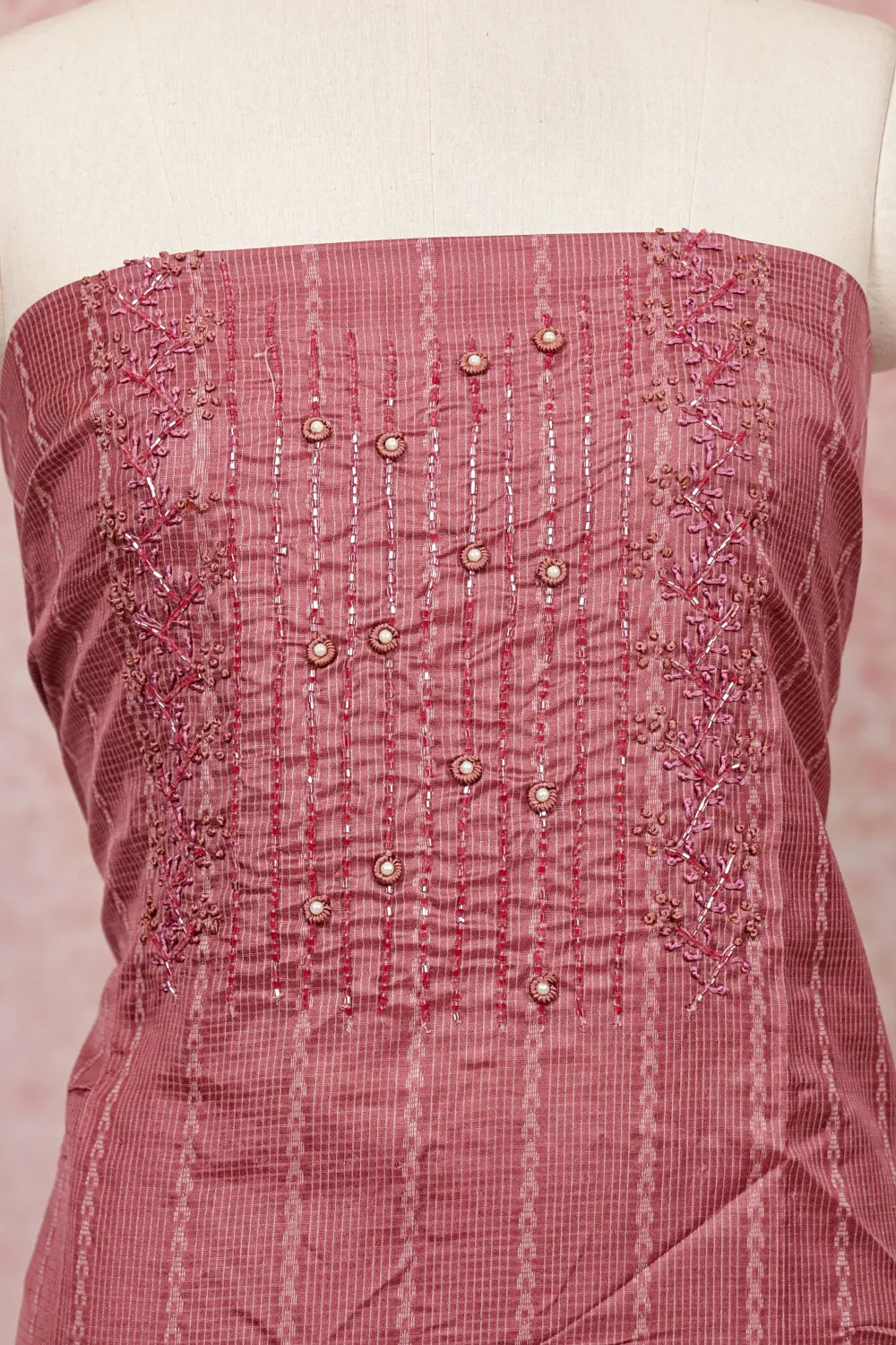 Onion Colour Tussar Hand Work Unstitched Churidhar Material