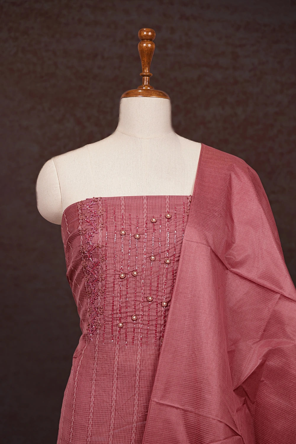 Onion Colour Tussar Hand Work Unstitched Churidhar Material