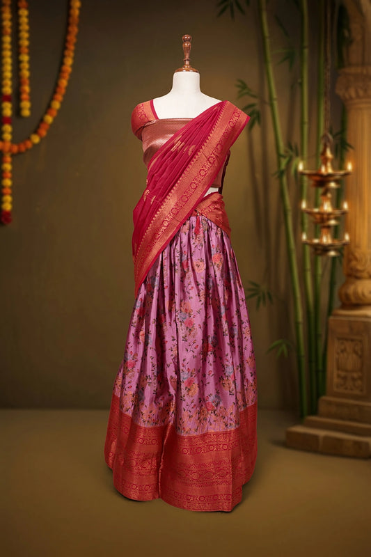 Onion Pink And Red Synthetic Brocade Dhavani Set - Seematti