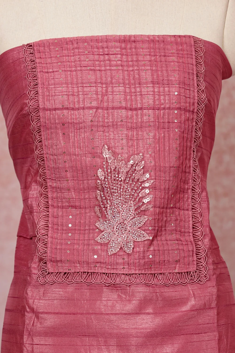 Onion Pink Chanderi Silk Hand Work Unstitched Churidhar Material