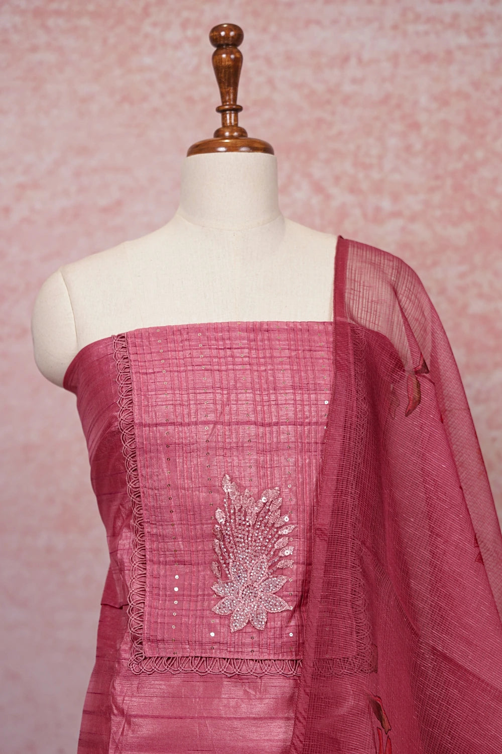 Onion Pink Chanderi Silk Hand Work Unstitched Churidhar Material