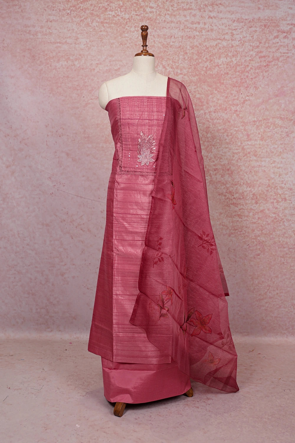 Onion Pink Chanderi Silk Hand Work Unstitched Churidhar Material