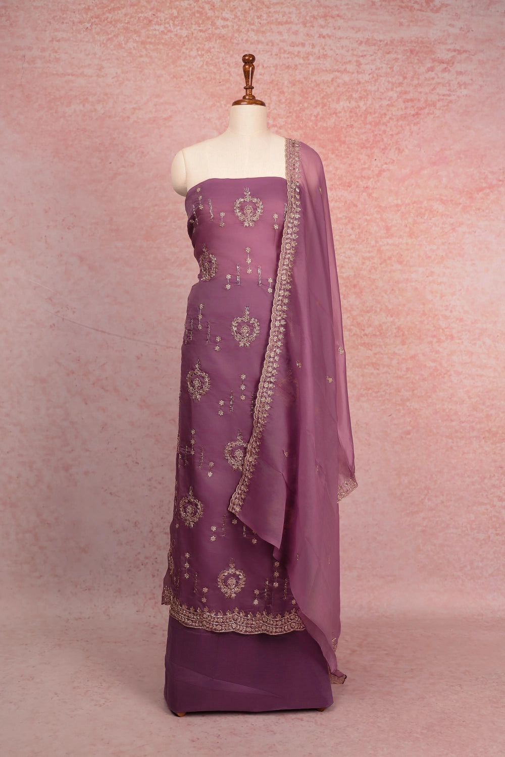Onion Pink Organza Stone Work Unstitched Churidhar Material