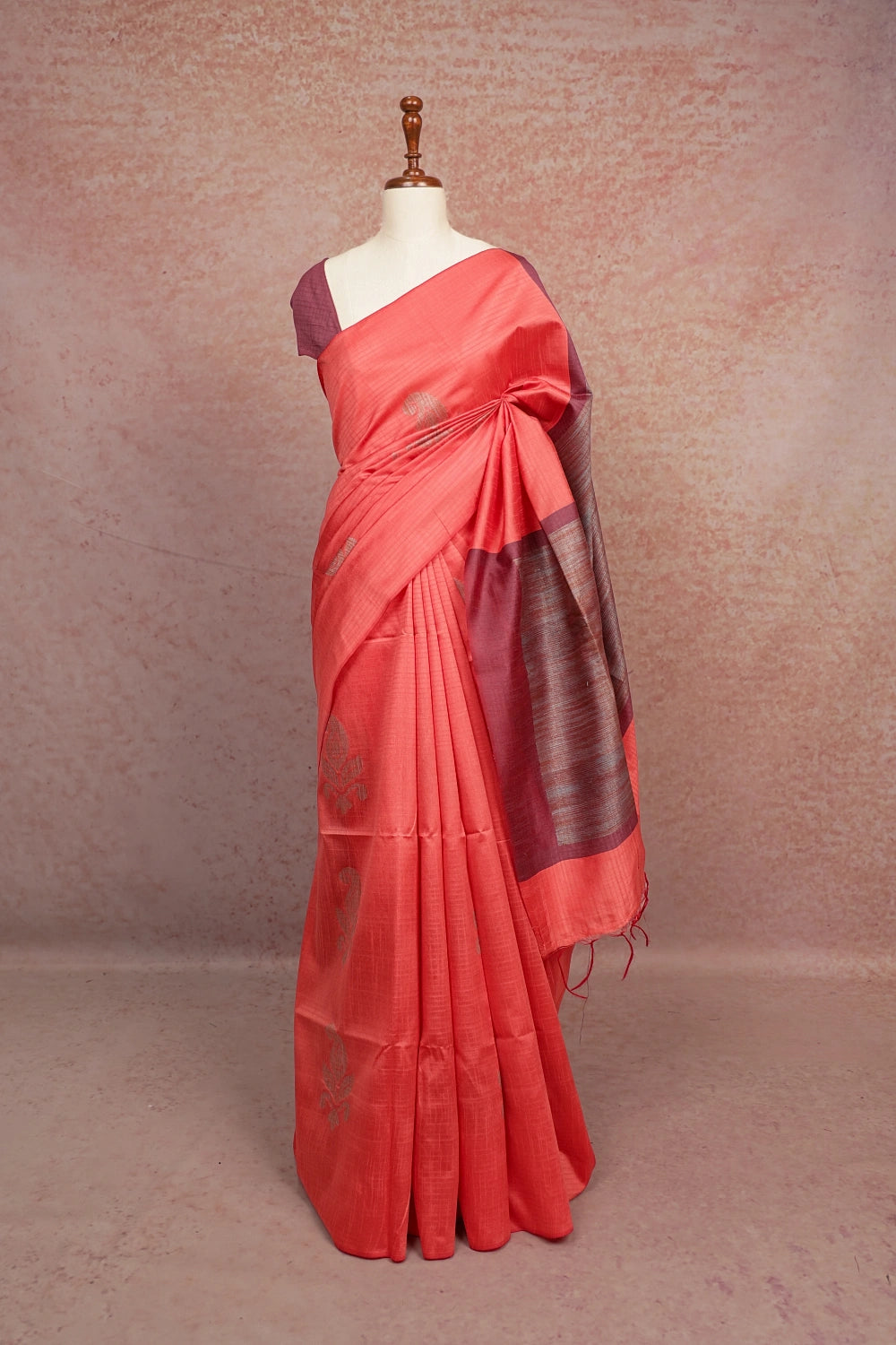 Orange Red Semi Jute Silver Weaving Saree With Without Border - Seematti