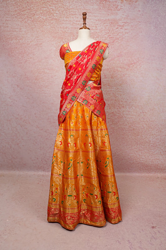 Orange Semi Banarasi Dhavani Set - Seematti