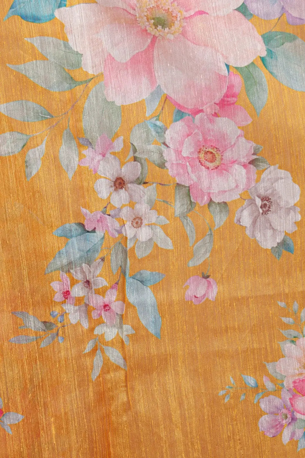Orange jute saree floral print, pink and blue blooms