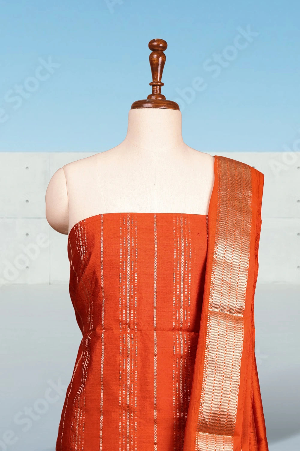 Orange Semi Silk Banarasi Design Unstitched Churidhar Material