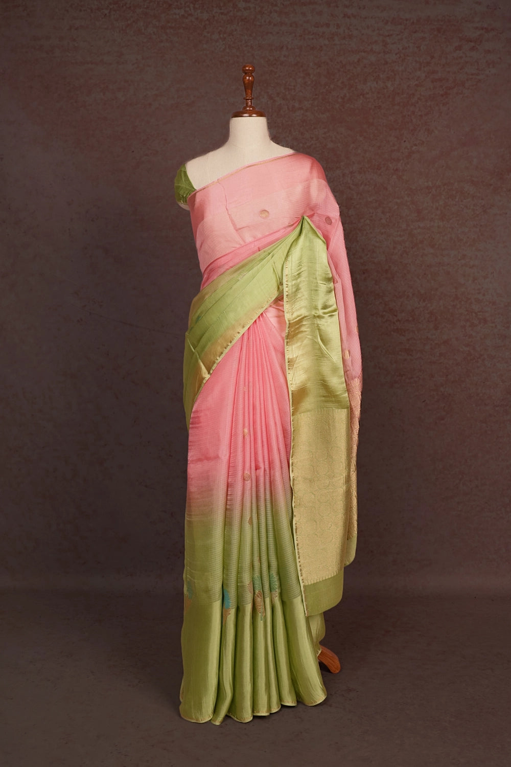 Pastel Green And Pink Semi Chanderi Saree