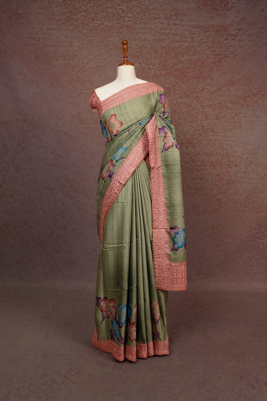 Pastel Green Tussar Jute Saree