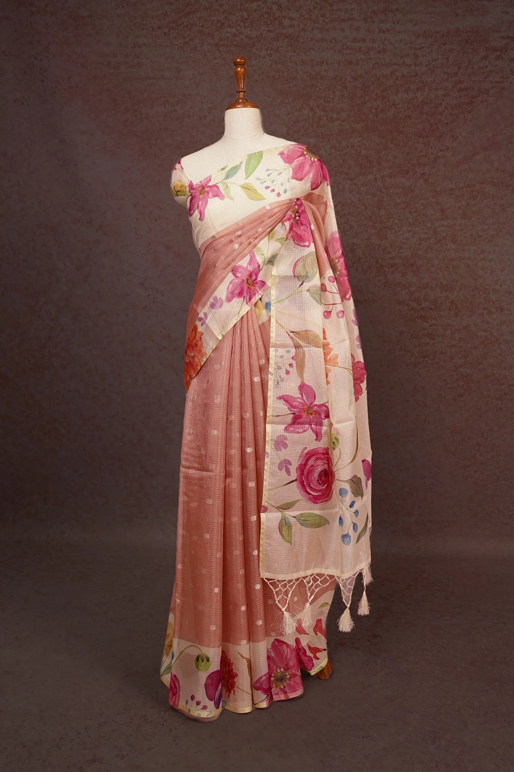 Pastel Peach Silky Kota Saree
