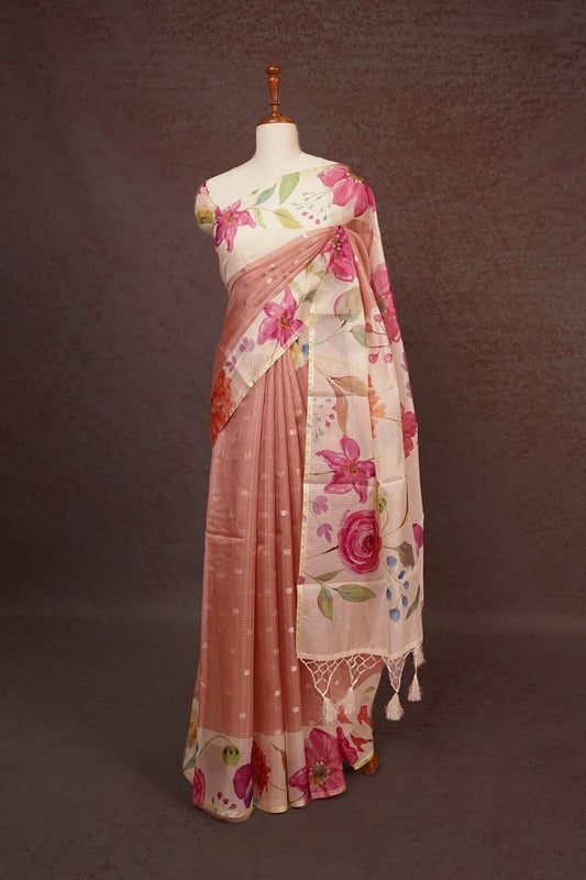Pastel Peach Silky Kota Saree