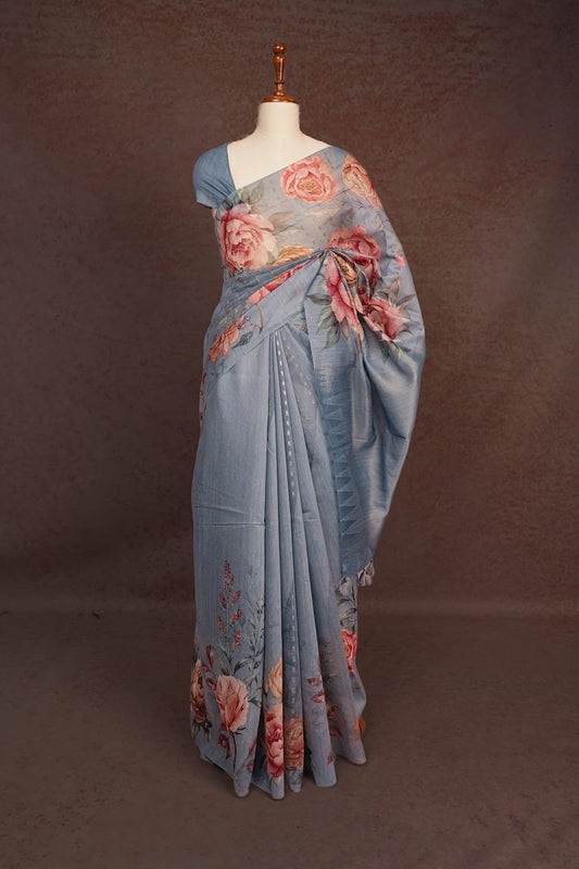 Pastel Steel Blue Semi Linen Saree