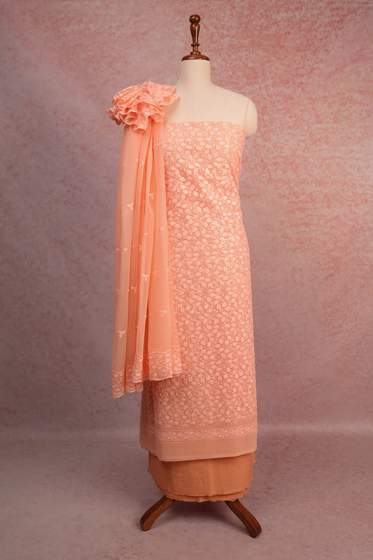 Peach Chiffon Embroidery Unstitched Churidhar Material