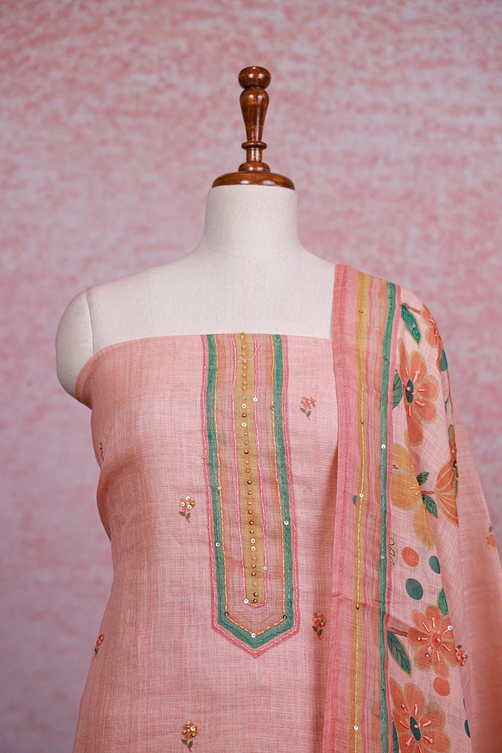 Peach Linen Kantha Stitched Unstitched Churidhar Material - Seematti