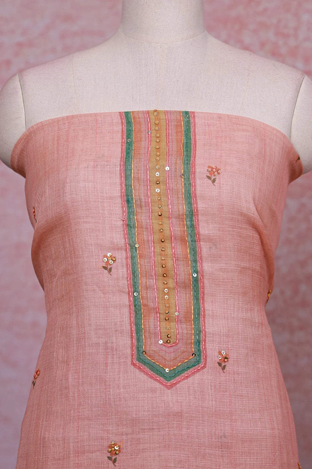 Peach Linen Kantha Stitched Unstitched Churidhar Material - Seematti