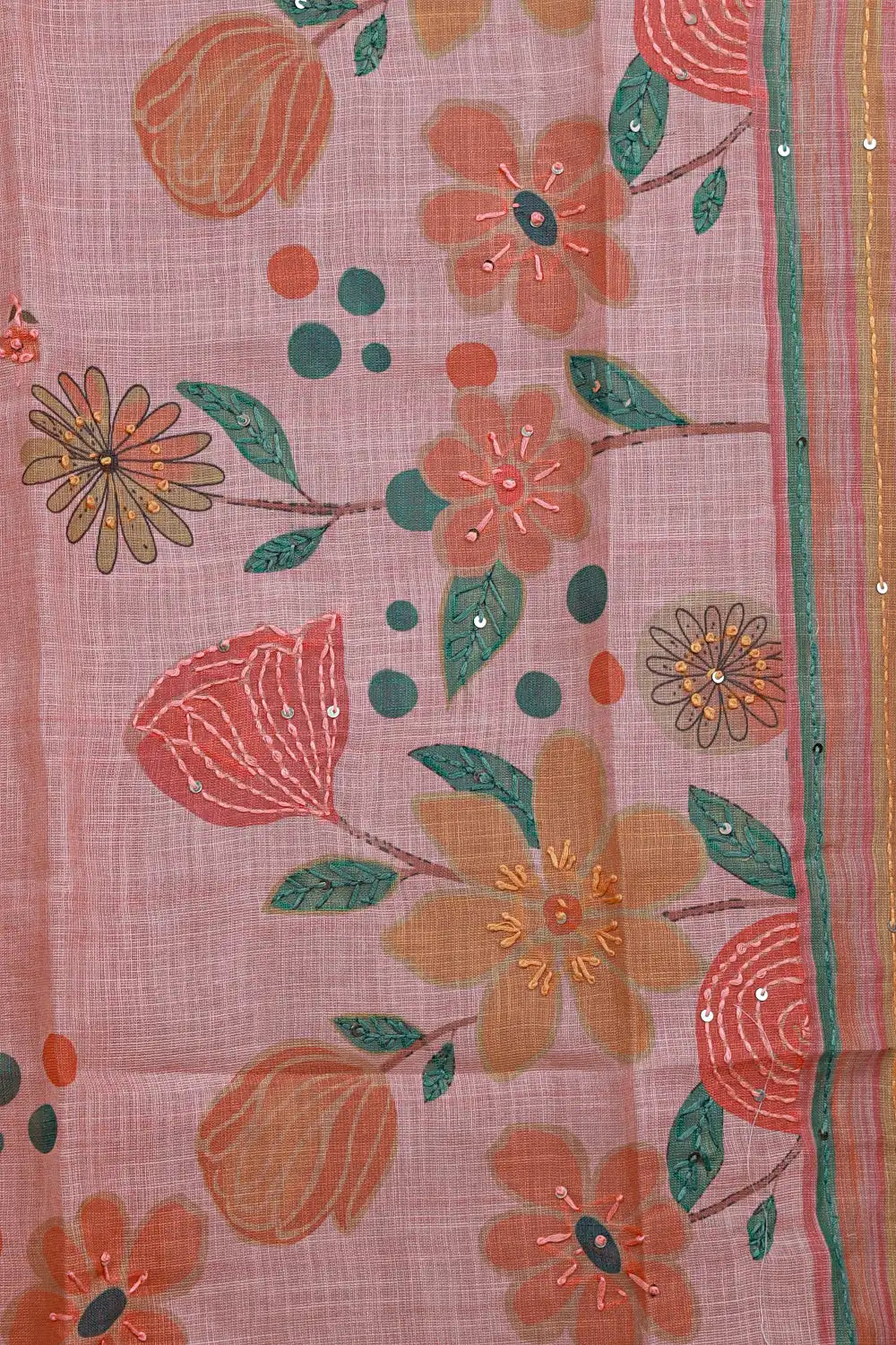 Peach Linen Kantha Stitched Unstitched Churidhar Material - Seematti