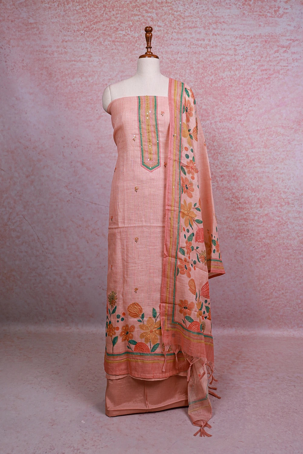 Peach Linen Kantha Stitched Unstitched Churidhar Material - Seematti