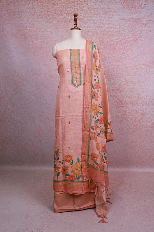 Peach Linen Kantha Stitched Unstitched Churidhar Material - Seematti