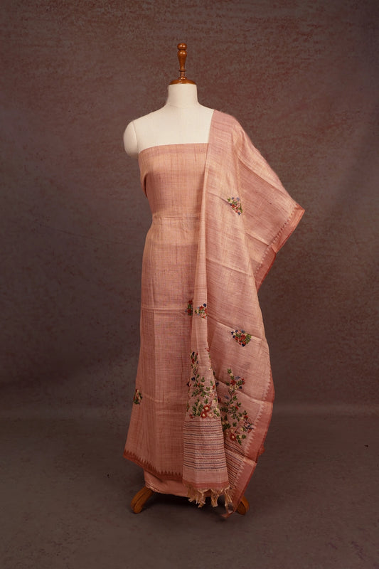 Peach Tissue Silk Embroidary Unstitched Churidhar Material