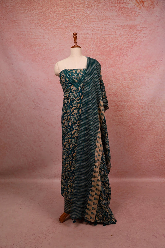 Peacock Blue Cotton Mirror Work Unstitched Churidhar Material