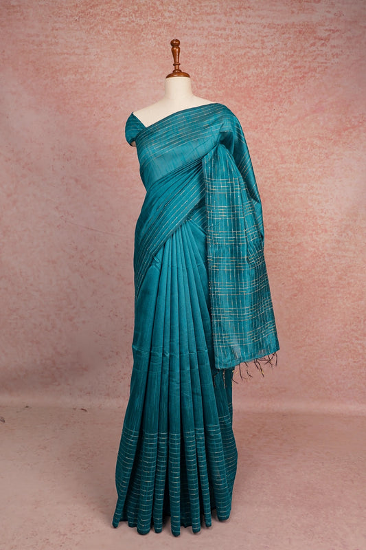Peacock Blue Tussar Jute Saree