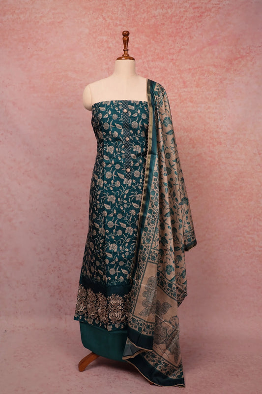 Peacock Green Semi Silk Printed Unstitched Churidr Material