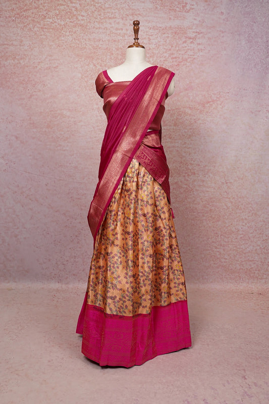 Pink And Organge Semi Chanderi Dhavani Set - Seematti