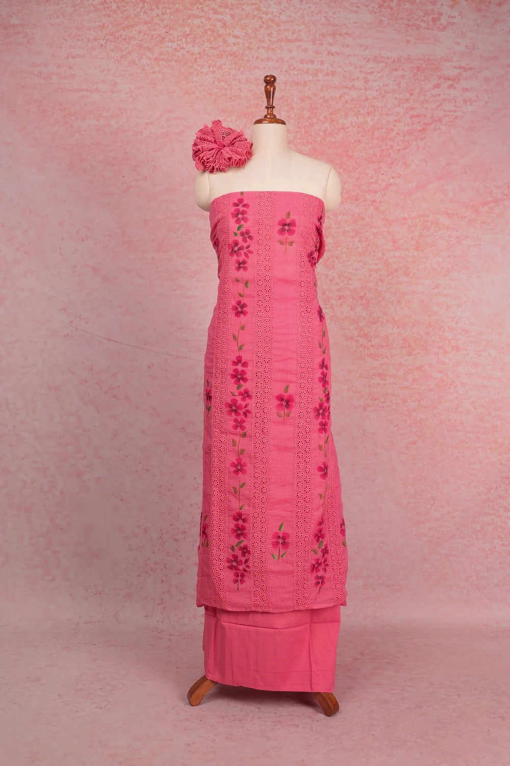 Pink Kota Cut Work Unstitched Churidhar Material