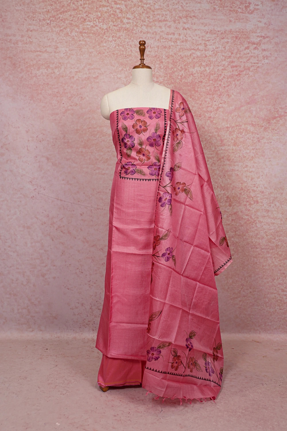 Pink Tussar Printed Unstitched Churidhar Material