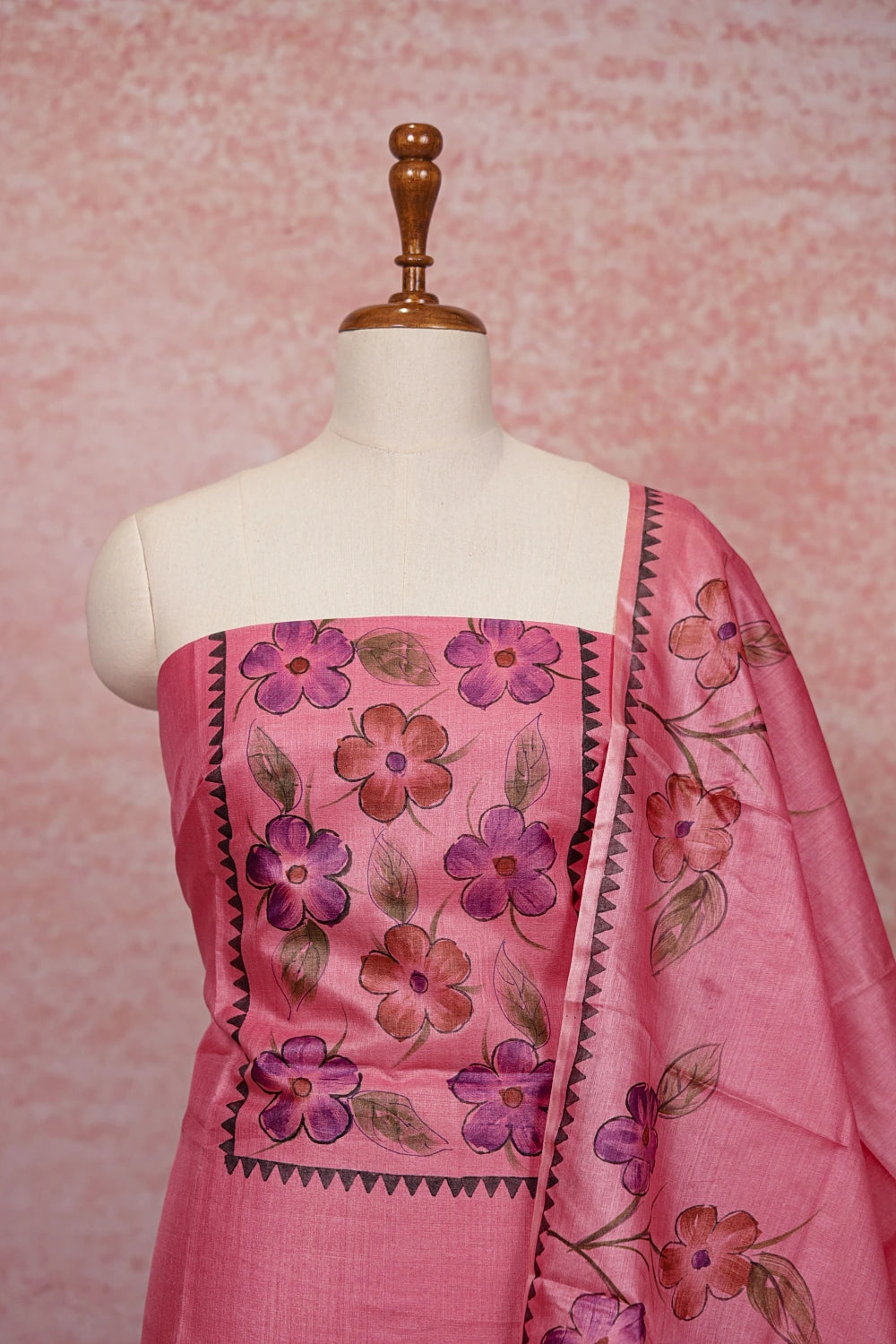 Pink Tussar Printed Unstitched Churidhar Material