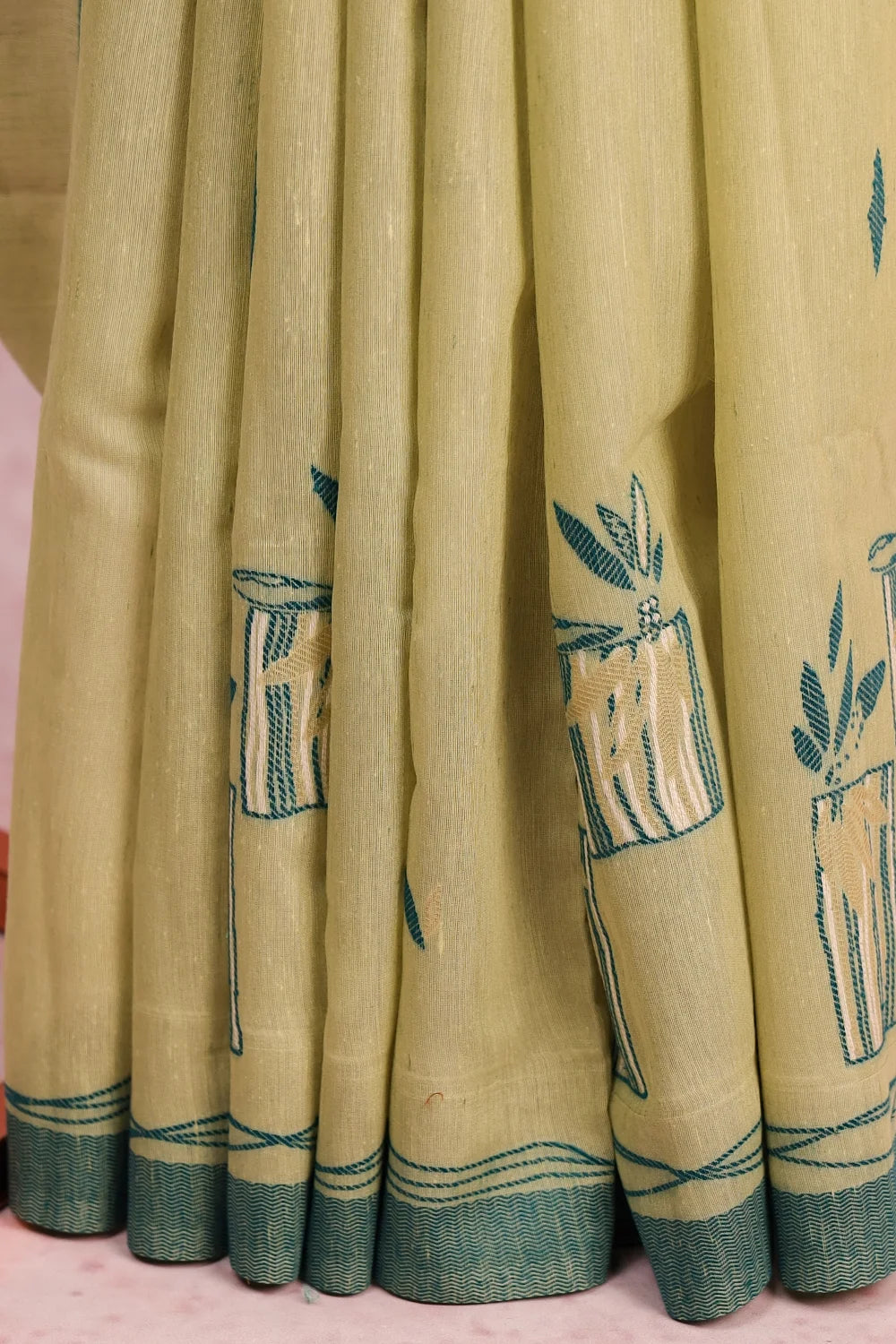 Pista Green Cotton Butta Saree With Plain Border - Seematti
