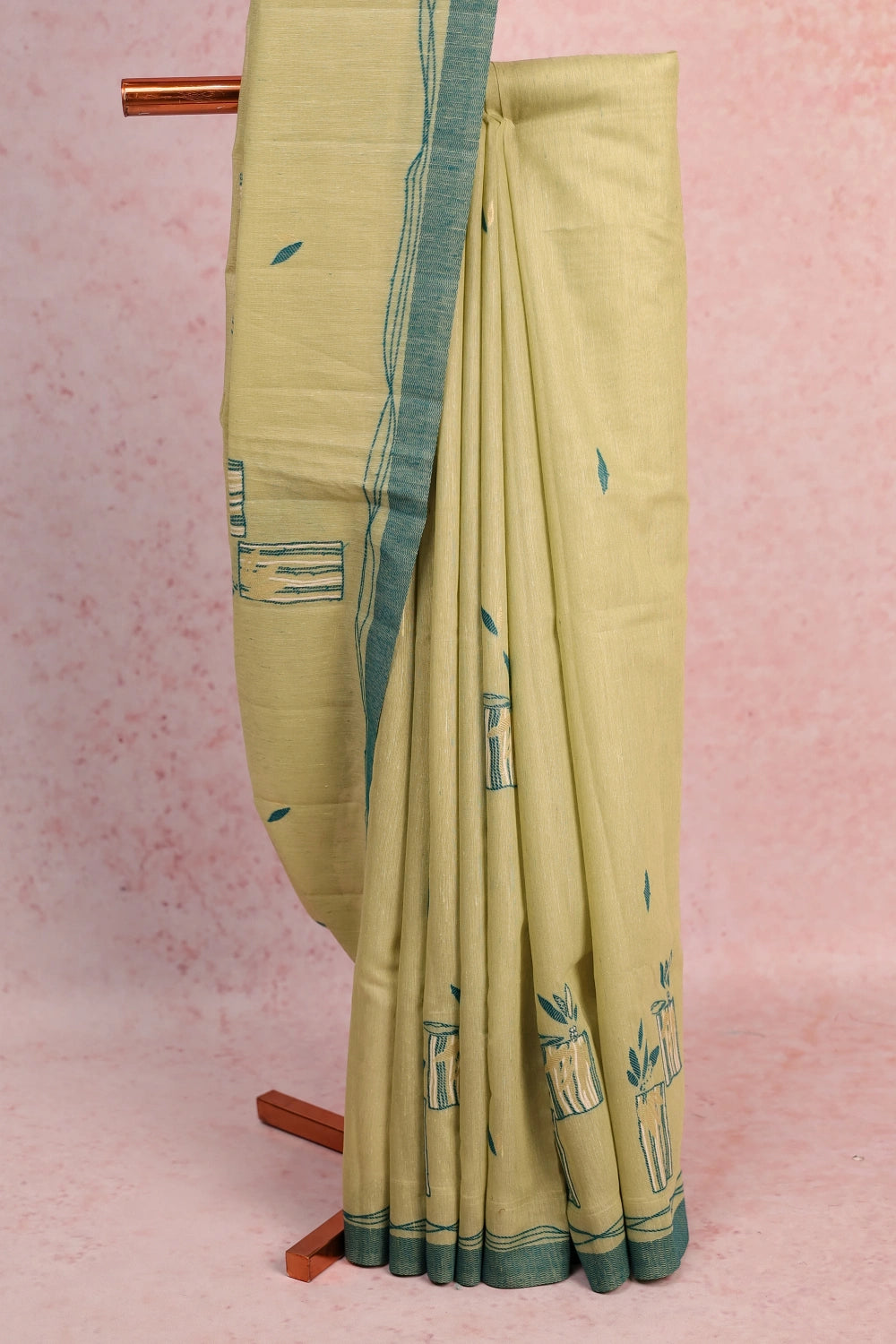 Pista Green Cotton Butta Saree With Plain Border - Seematti
