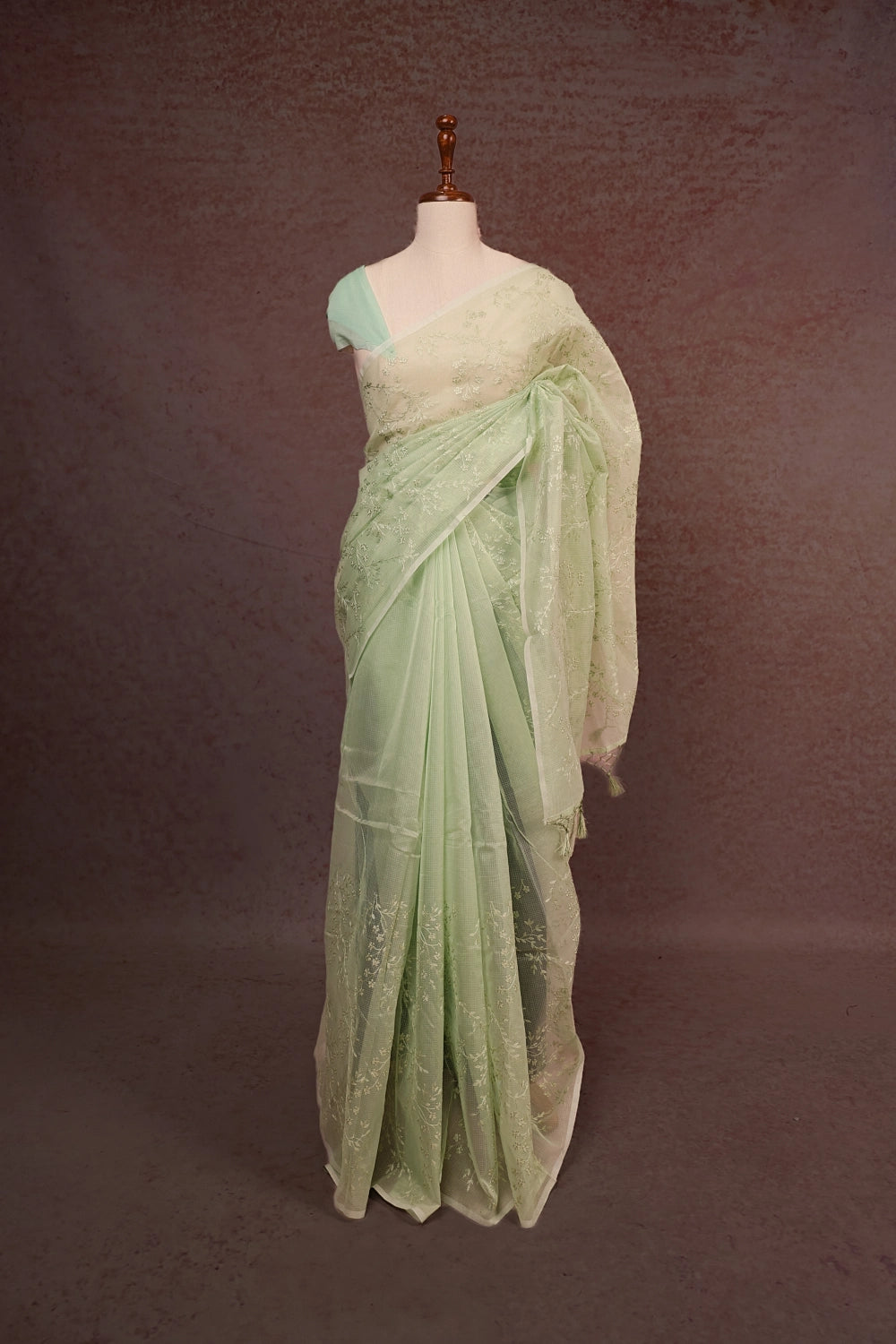 Pista Green Net Kota Thread Work Saree Without Border - Seematti