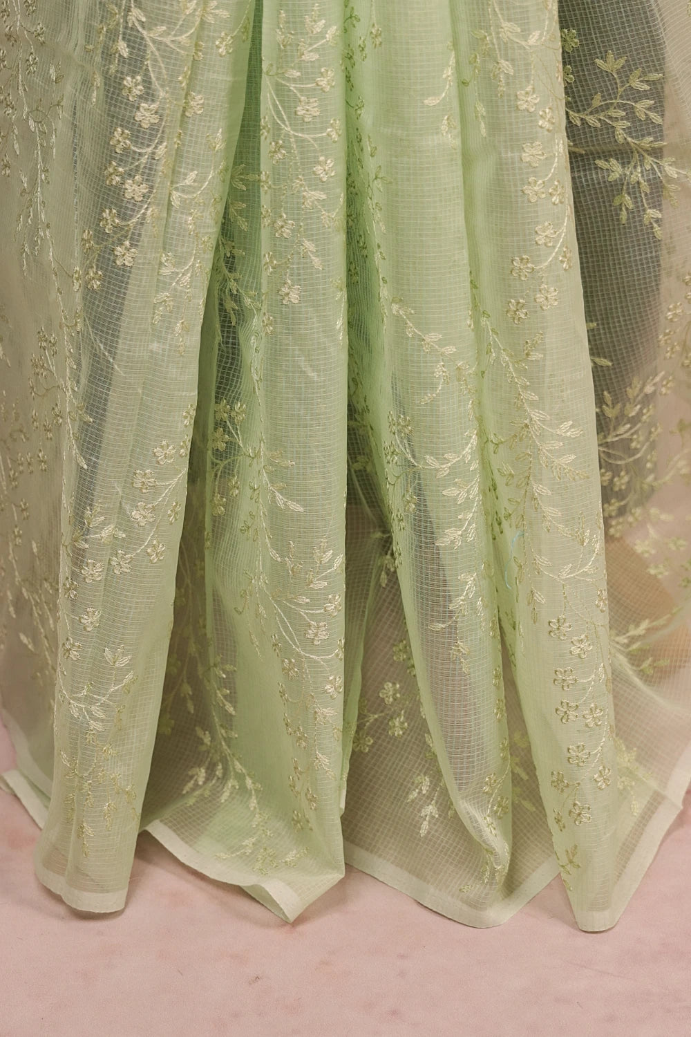 Pista Green Net Kota Thread Work Saree Without Border - Seematti