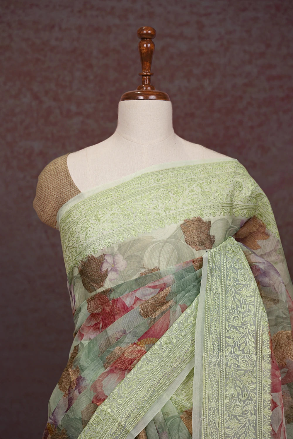 Pista Green Semi Organza Floral Printed Saree With Thread Border - Seematti