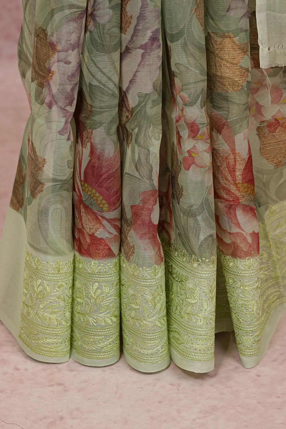 Pista Green Semi Organza Floral Printed Saree With Thread Border - Seematti