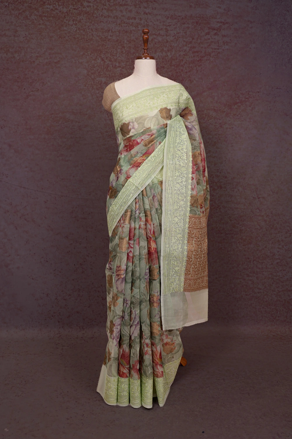 Pista Green Semi Organza Floral Printed Saree With Thread Border - Seematti