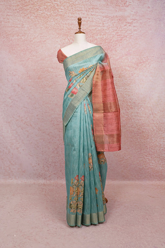 Powder Blue Semi Jute Saree - Seematti