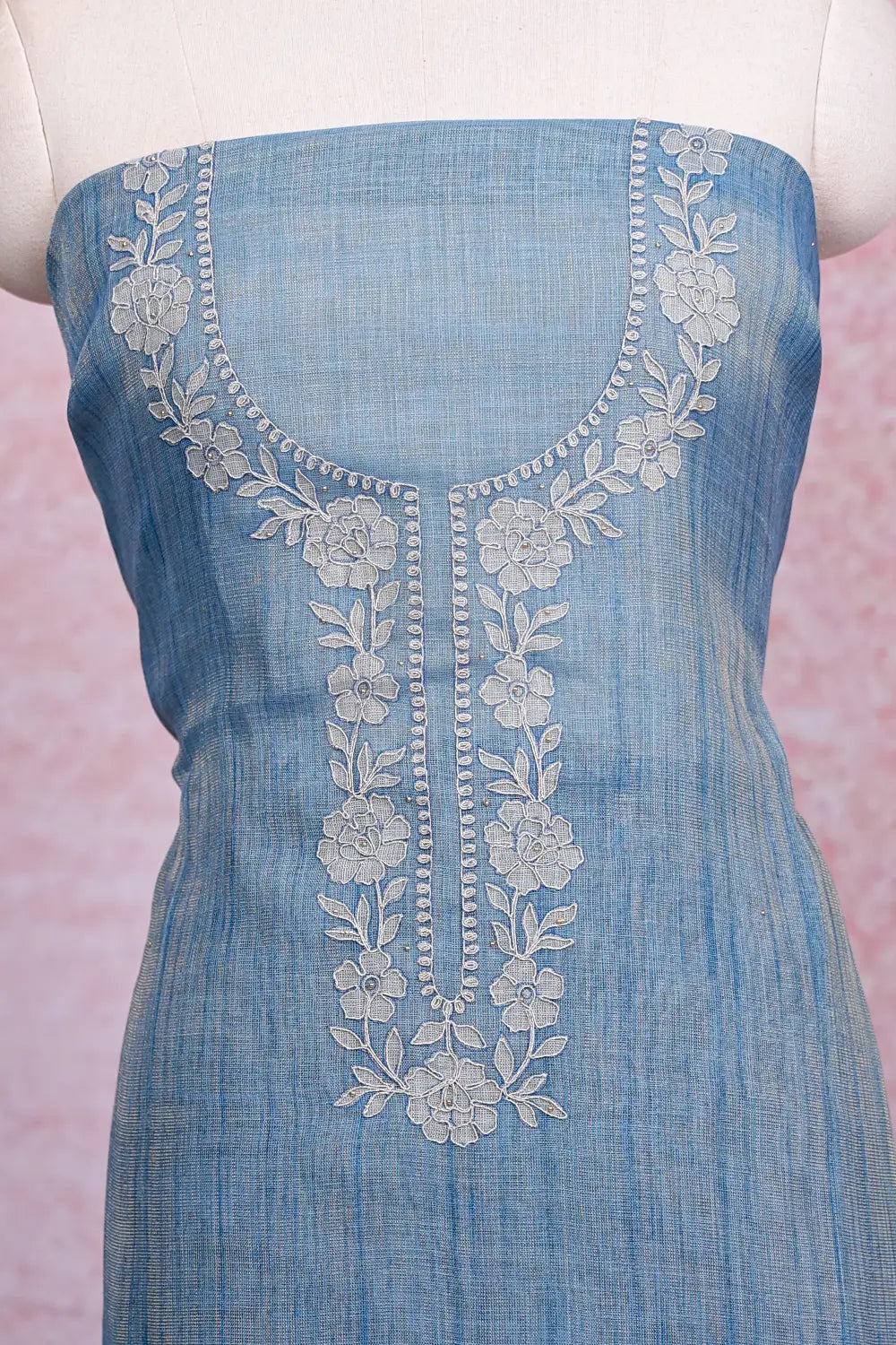 Powder Blue Tissue Silk Applic Work Unstitched Churidhar Material - Seematti
