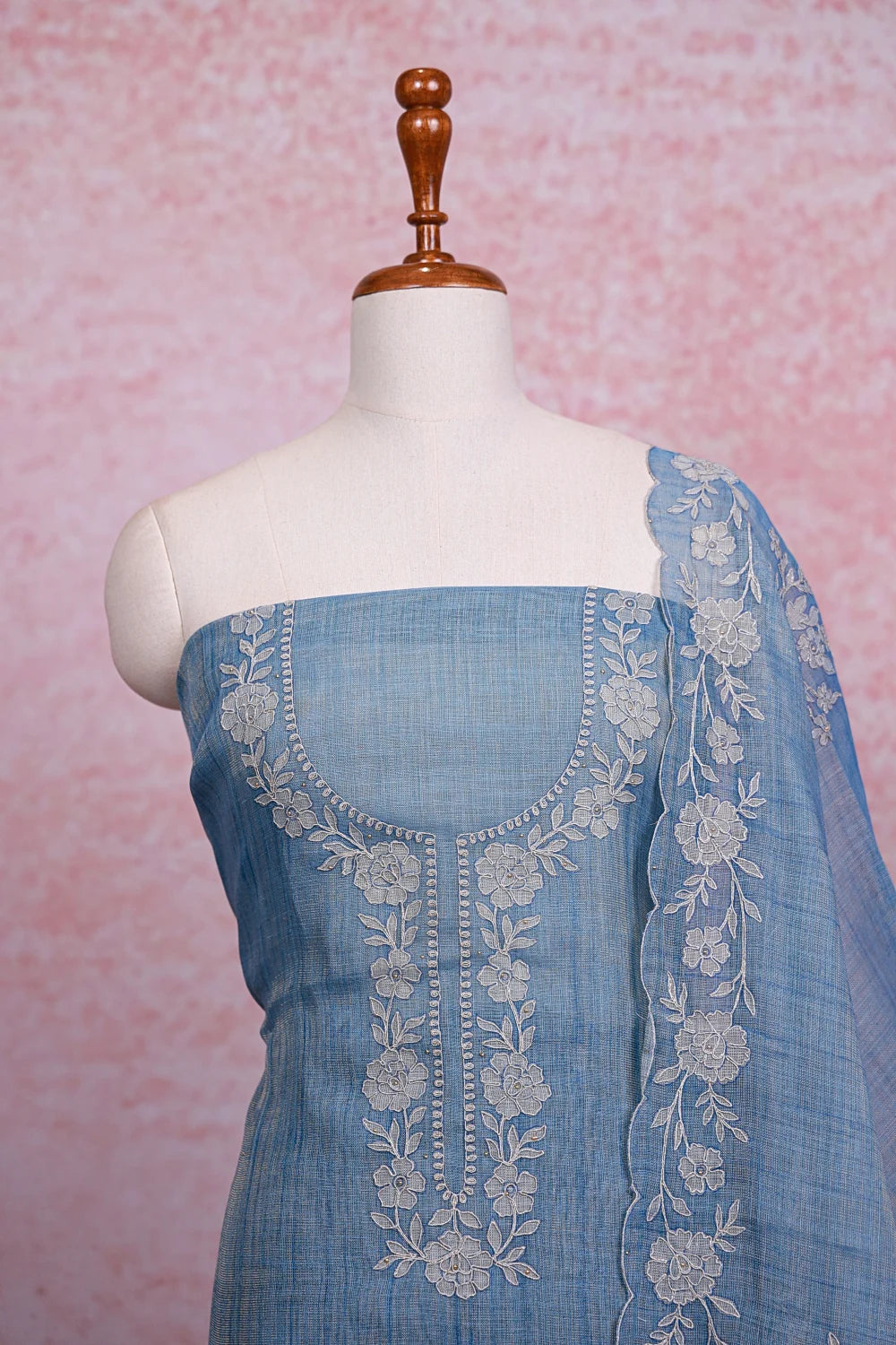 Powder Blue Tissue Silk Applic Work Unstitched Churidhar Material - Seematti
