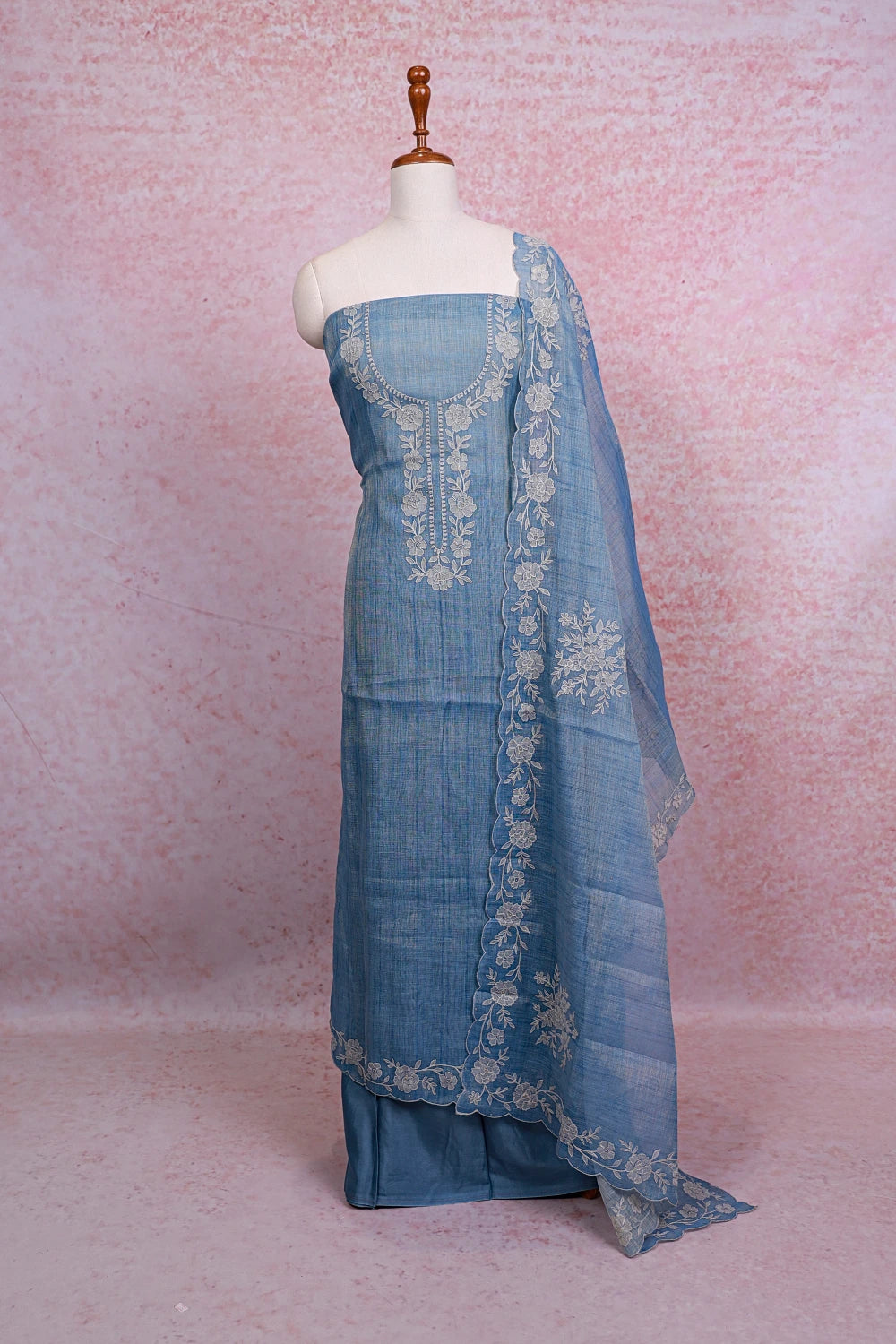 Powder Blue Tissue Silk Applic Work Unstitched Churidhar Material - Seematti
