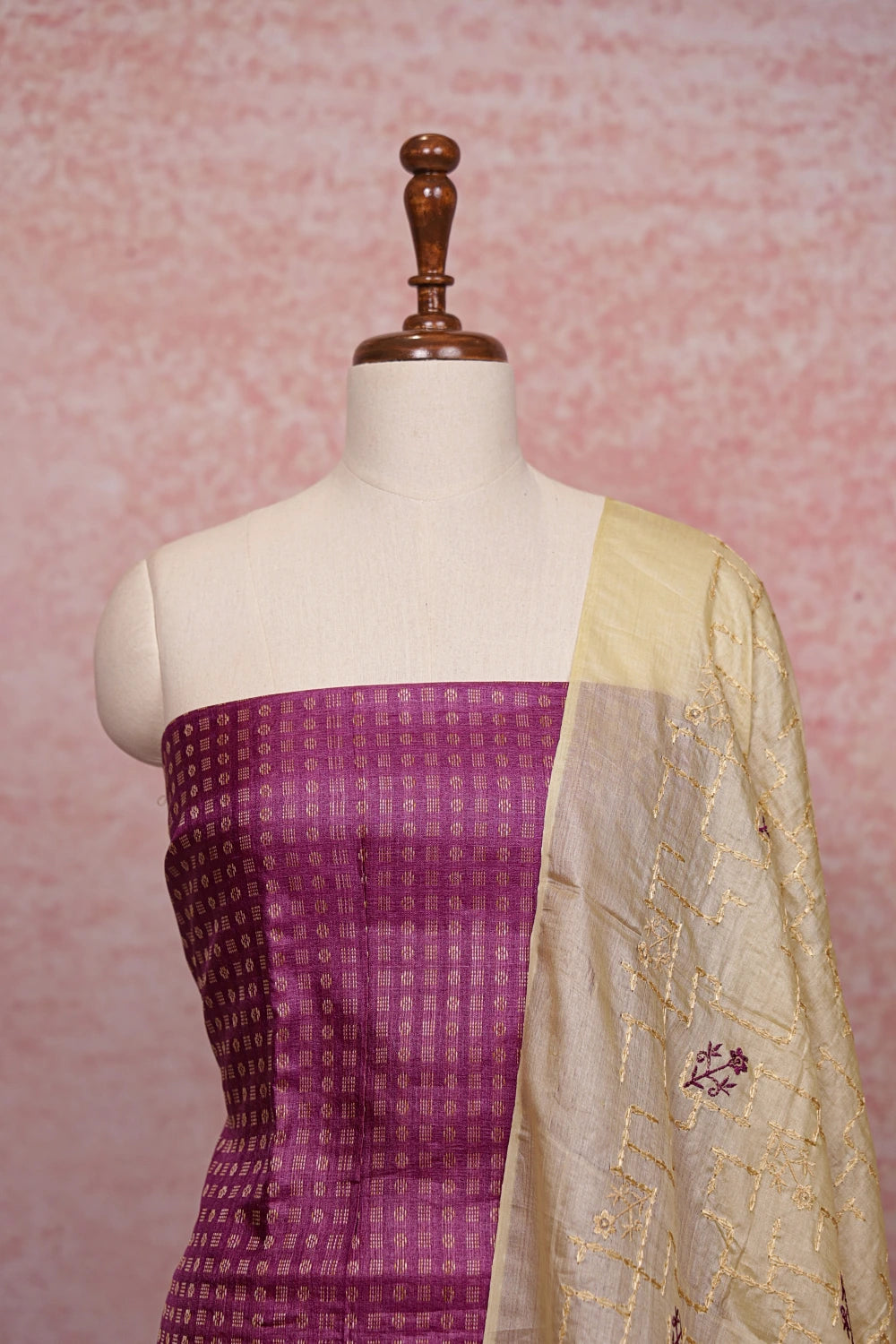 Purple Tussar Silk Thread Work Unstitched Churidhar Material