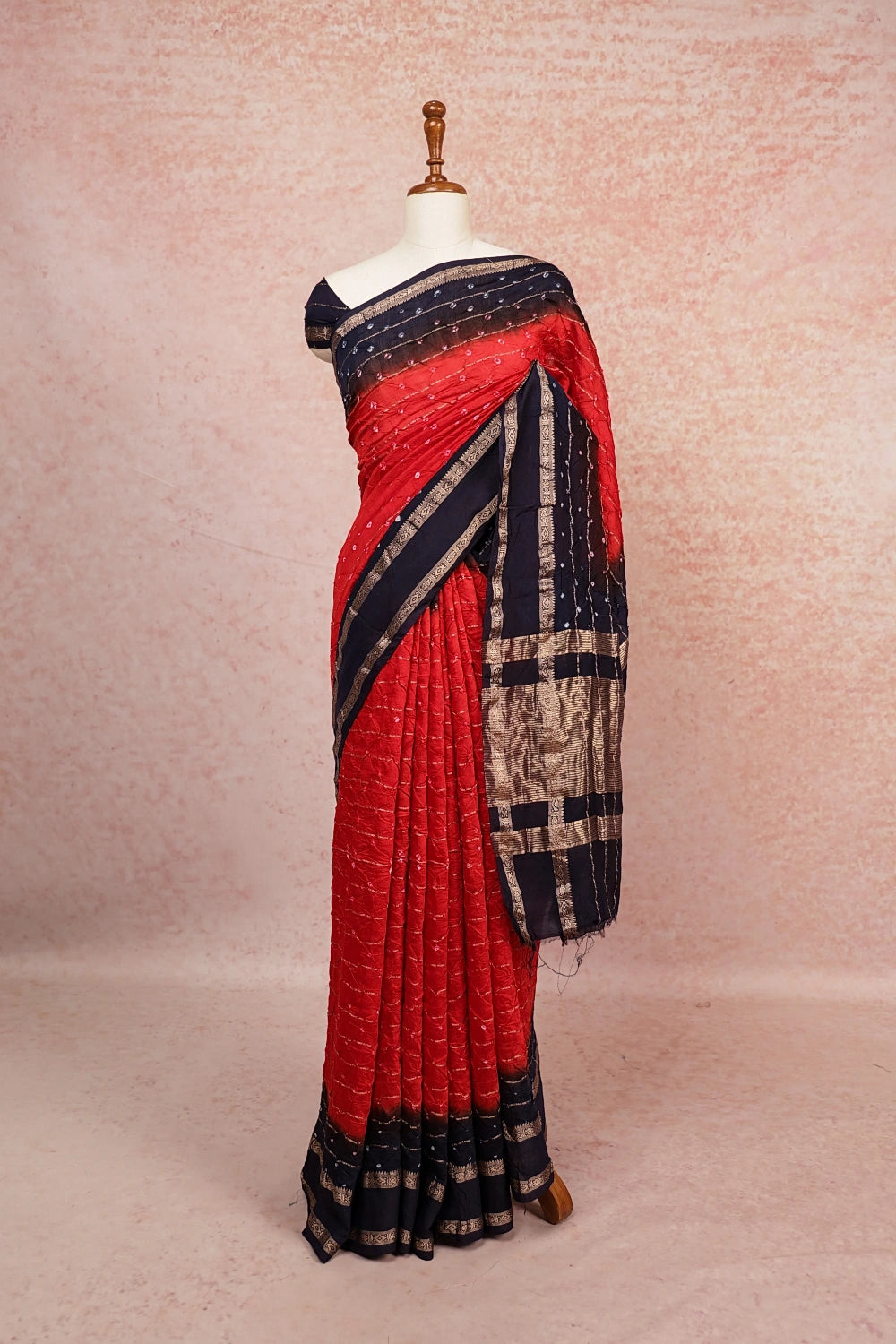 Red Bandhani Saree With Bandhani Print And Bandhani Border - Seematti