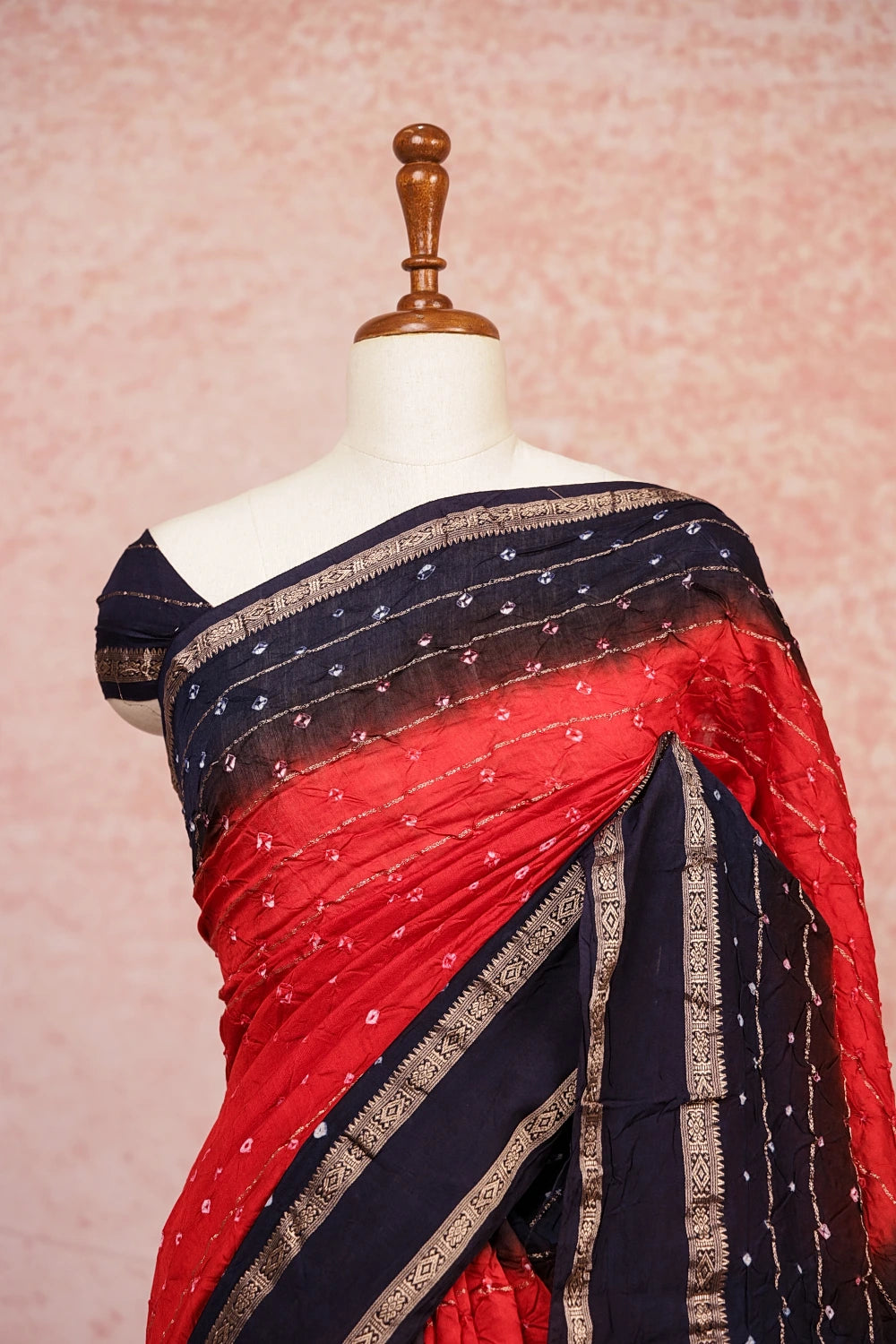 Red Bandhani Saree With Bandhani Print And Bandhani Border - Seematti