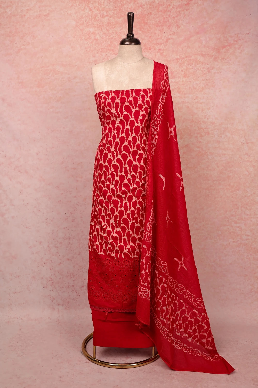 Red Cotton Bathik Printed Unstitched Churidar Material