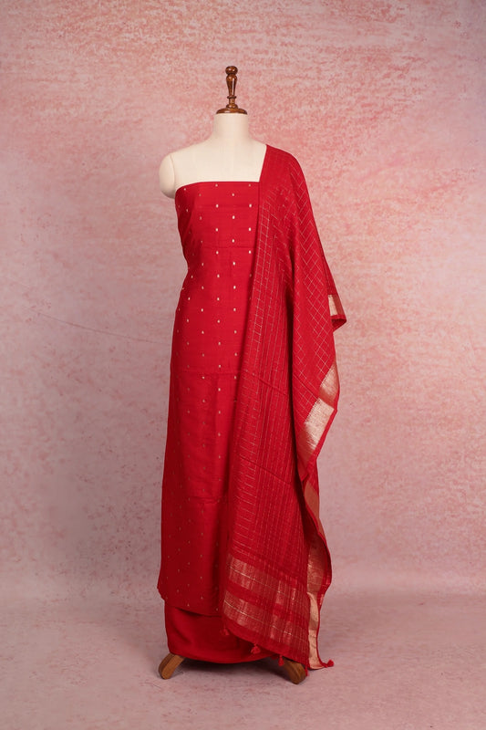 Red Semi Silk Banarasi Design Unstitched Churidhar Material